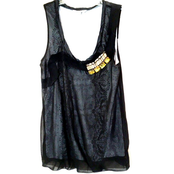 CABI sz M Big Rhinestones Black Sleeveless Drop Waist Relaxed Tulle Lace Top - Picture 1 of 3